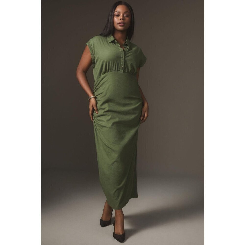 NWT Anthropologie Cap-Sleeve V-Neck Dress 3X Midi $168 Linen Blend Green